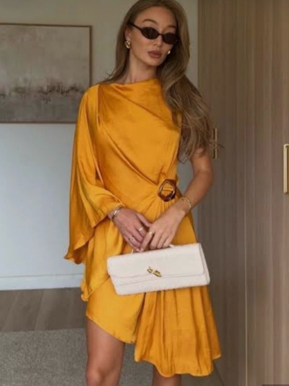 Zara Asymmetric Buckle Dress Light Orange One Shoulder Satin